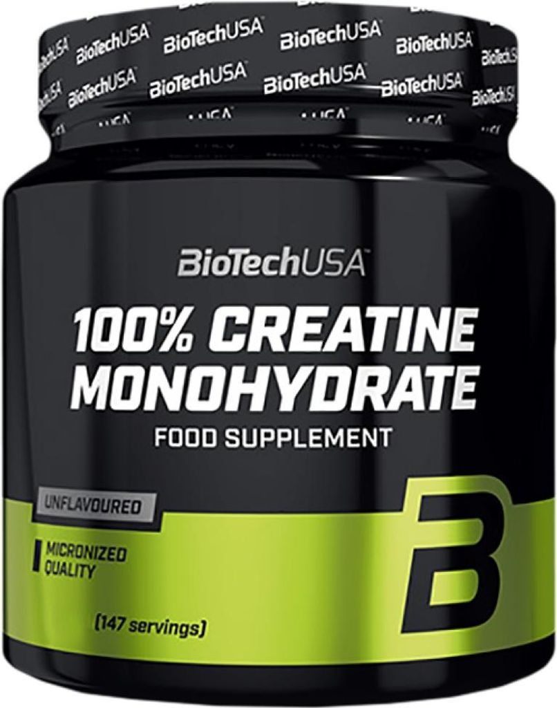 A product shot of a BioTech USA 100% Creatine Monohydrate food supplement container.