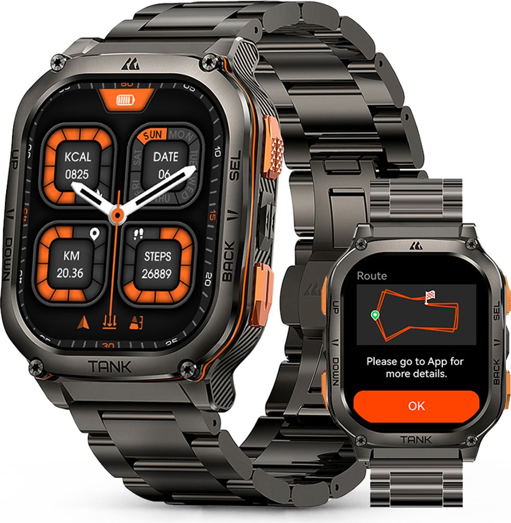 A smartwatch is displayed with its interface showing fitness data and a route map.