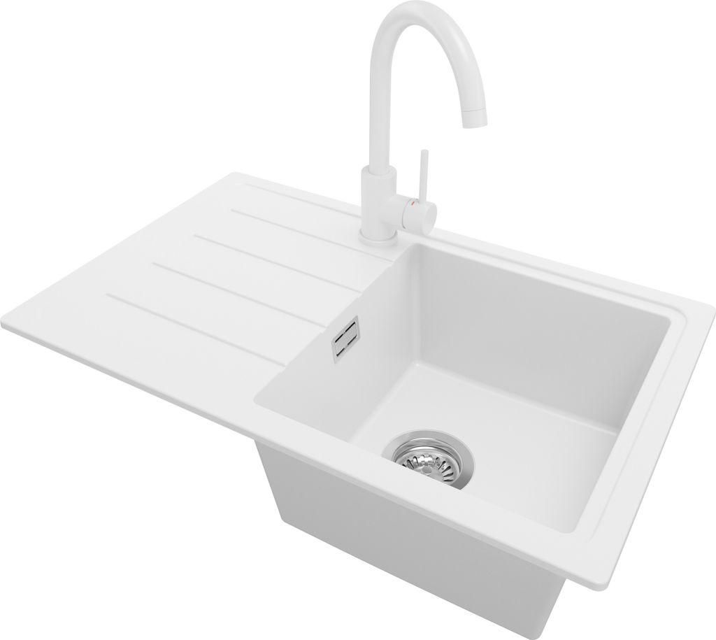 PRIMAGRAN Granitspüle Weiß 70x44cm, Spülbecken 1 Becken + Küchenarmatur 32x20cm + Ablauf-Set, Küchenspüle ab 45er Unterschrank - Kopenhagen Easy
