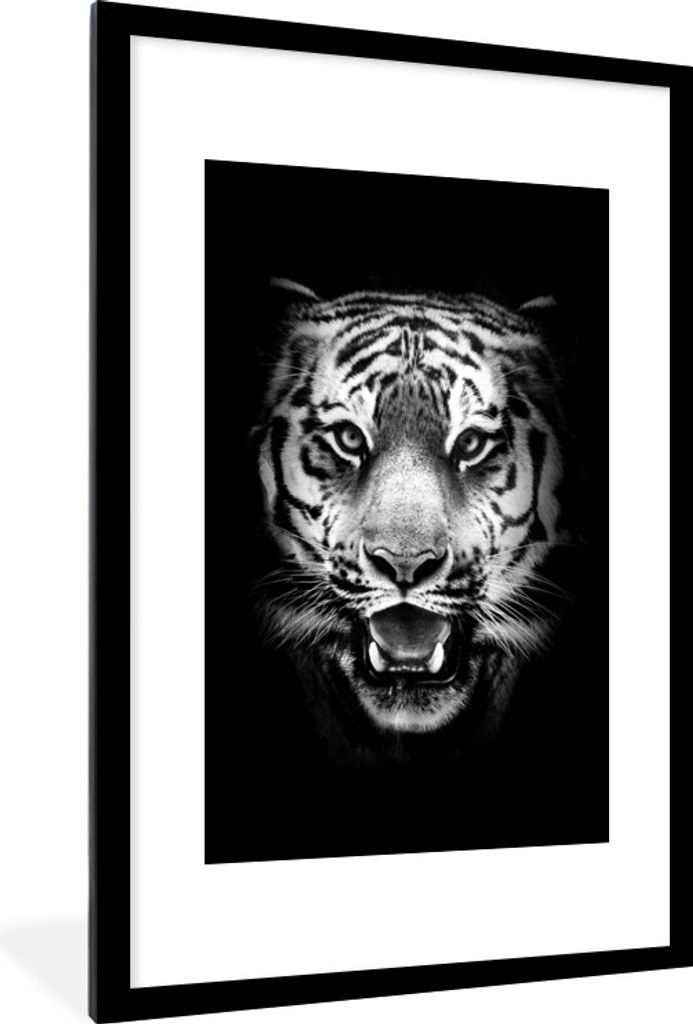 MuchoWow Gerahmtes Poster Tigerkopf vor schwarzem Hintergrund - schwarz und weiß 60x90 cm - Poster mit Schwarzem Bilderrahmen Wandposter Rahmen ...