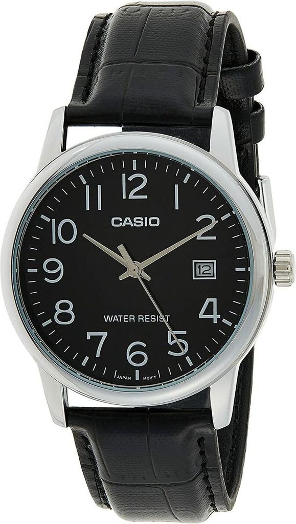 A close-up studio shot of a Casio men's watch with a black leather strap and a black dial.