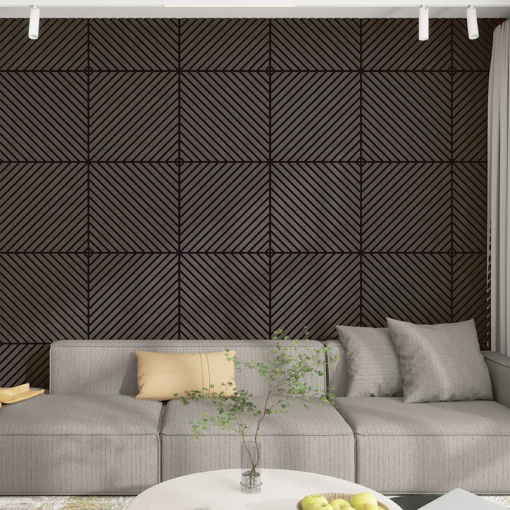 3D Akustik-Wandpaneel 12er Set 'Vang' mit diagonalen Lamellen diagonal 4,32 m² Eichenoptik, dunkelgrau