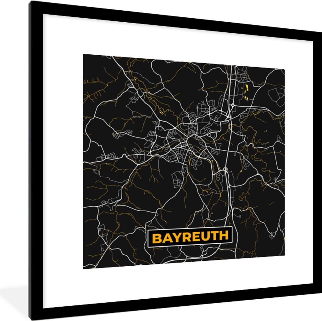 MuchoWow Gerahmtes Poster Bayreuth - Stadtplan - Karte - Gold - Deutschland 40x40 cm - Poster mit Schwarzem Bilderrahmen Wandposter Rahmen Foto B...