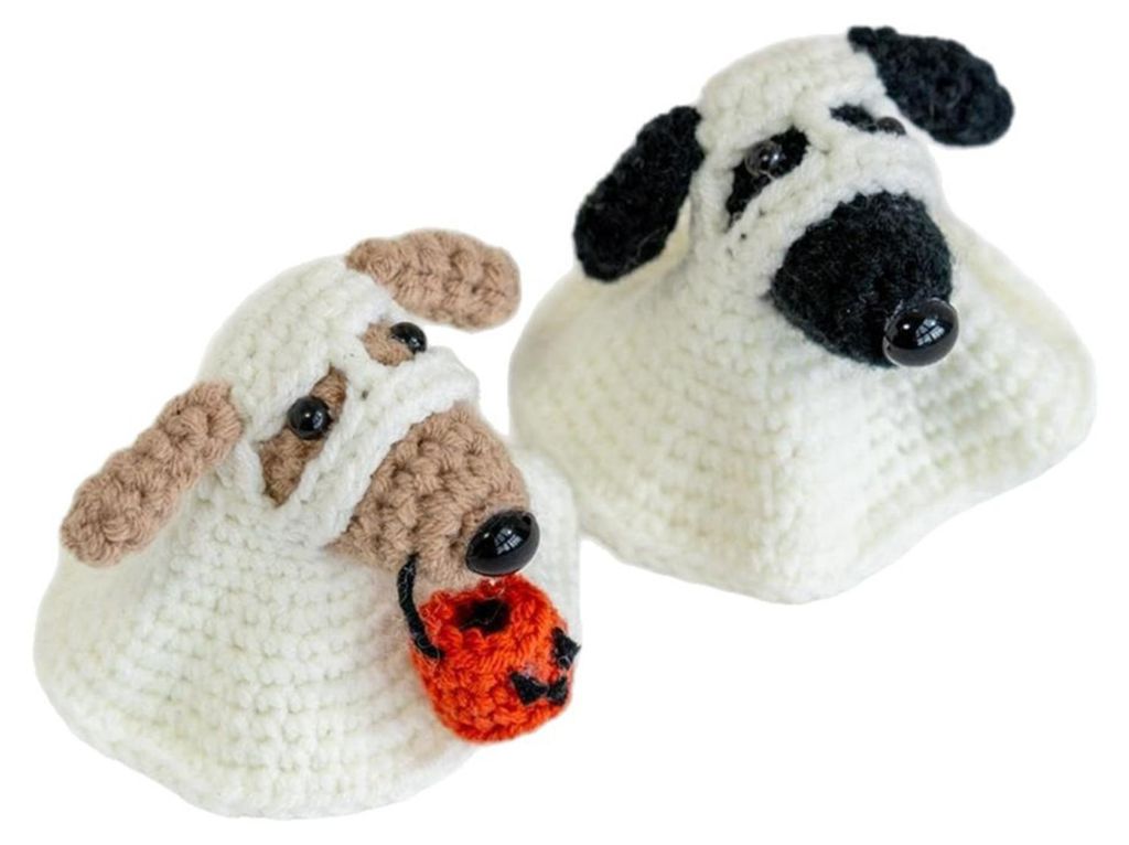 1/2 Stück Halloween Häkel-Geisterhund-Puppe Mini Handgefertigte Strick-Kürbis-Geisterwelpen-Puppe Heim-Büro-Schreibtisch-Tierdekoration Ornament C