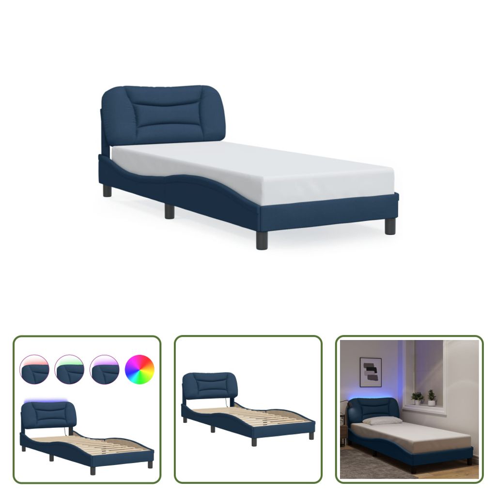 The Living Store Bettgestell mit LED Blau 90x190 cm Stoff