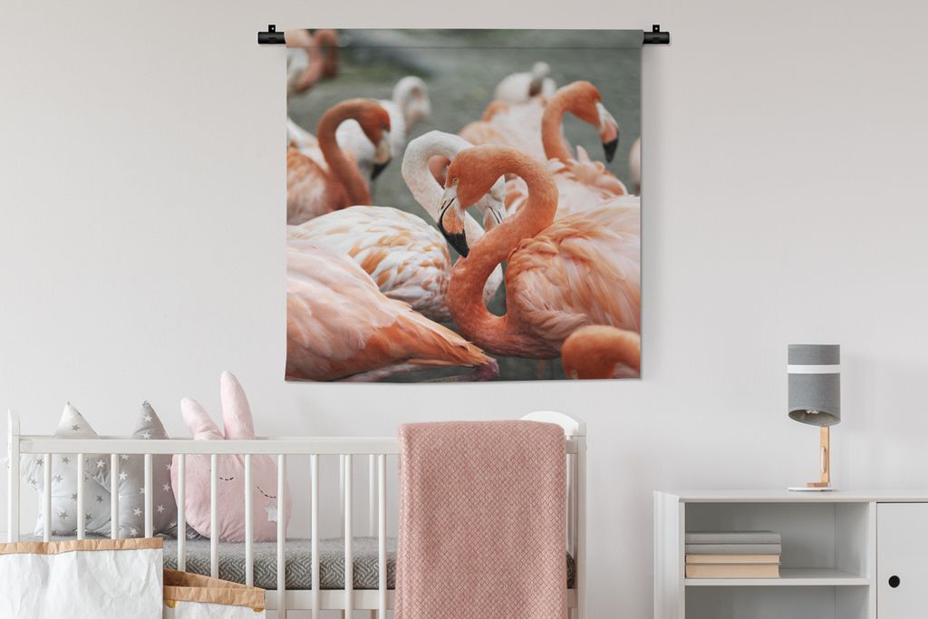 MuchoWow Wandteppich Wandbehang Gruppe von rosa Flamingos auf den Teichen 90x90 cm Tapisserie Dekoration Wandtuch - Wandaufhänger