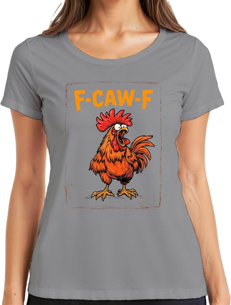 F-CAW-F Lustiger Hahn Gockel Bauernhof Spruch Vintage Retro Meme Damen T-Shirt, Grau, M