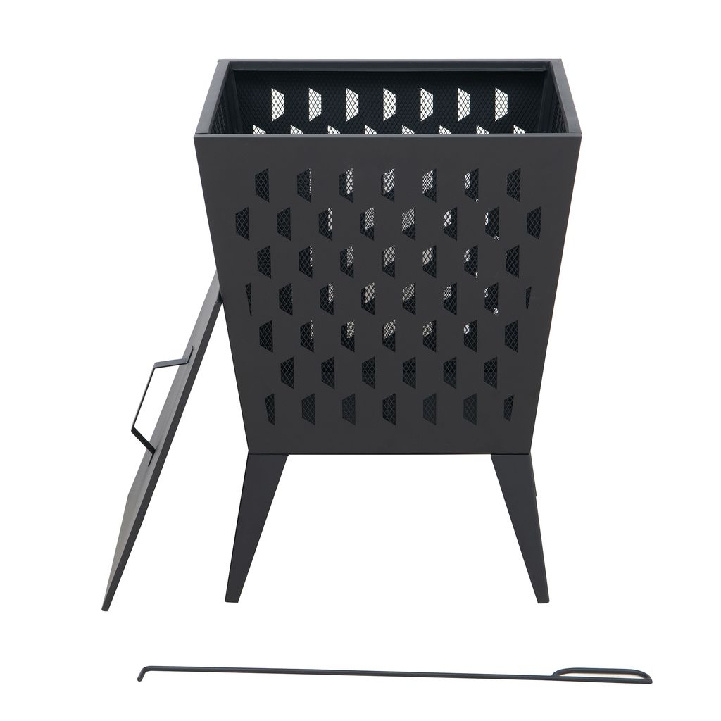 A black metal fire pit with a diamond pattern on a white background.
