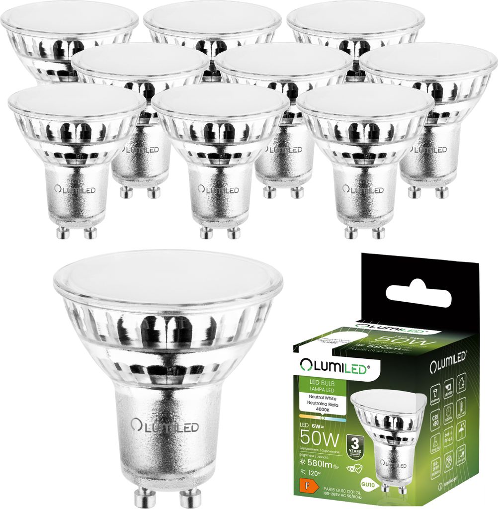 LUMILED GU10 LED Lampe 6W 580 Lm Leuchtmittel 4000K Neutralweiß Strahler Spot, ersetzt 50W Halogenlampen 120° Reflektorlampen 10 Stück Lampen