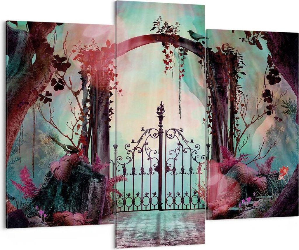 Bild auf Leinwand - Leinwandbild - 3 Teile - Fantasie Tor Garten - 130x100cm - Wand Bild - Wanddeko - Wandbilder - Leinwanddruck - Bilder - Wanddek...