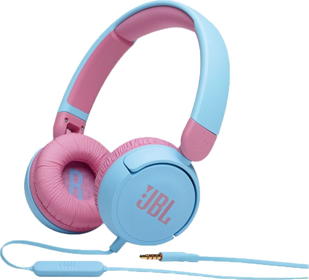A pair of blue and pink JBL headphones is shown against a white background.