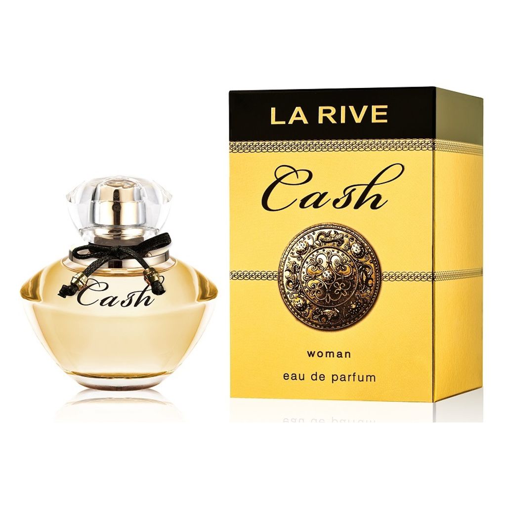 A perfume bottle and its packaging are displayed side-by-side on a white background.