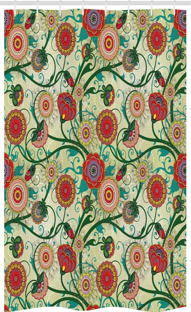 ABAKUHAUS Blumen Schmaler Duschvorhang, Oriental Inspirations, Badezimmer Deko Set aus Stoff mit Haken, 120 x 180 cm, Mehrfarbig