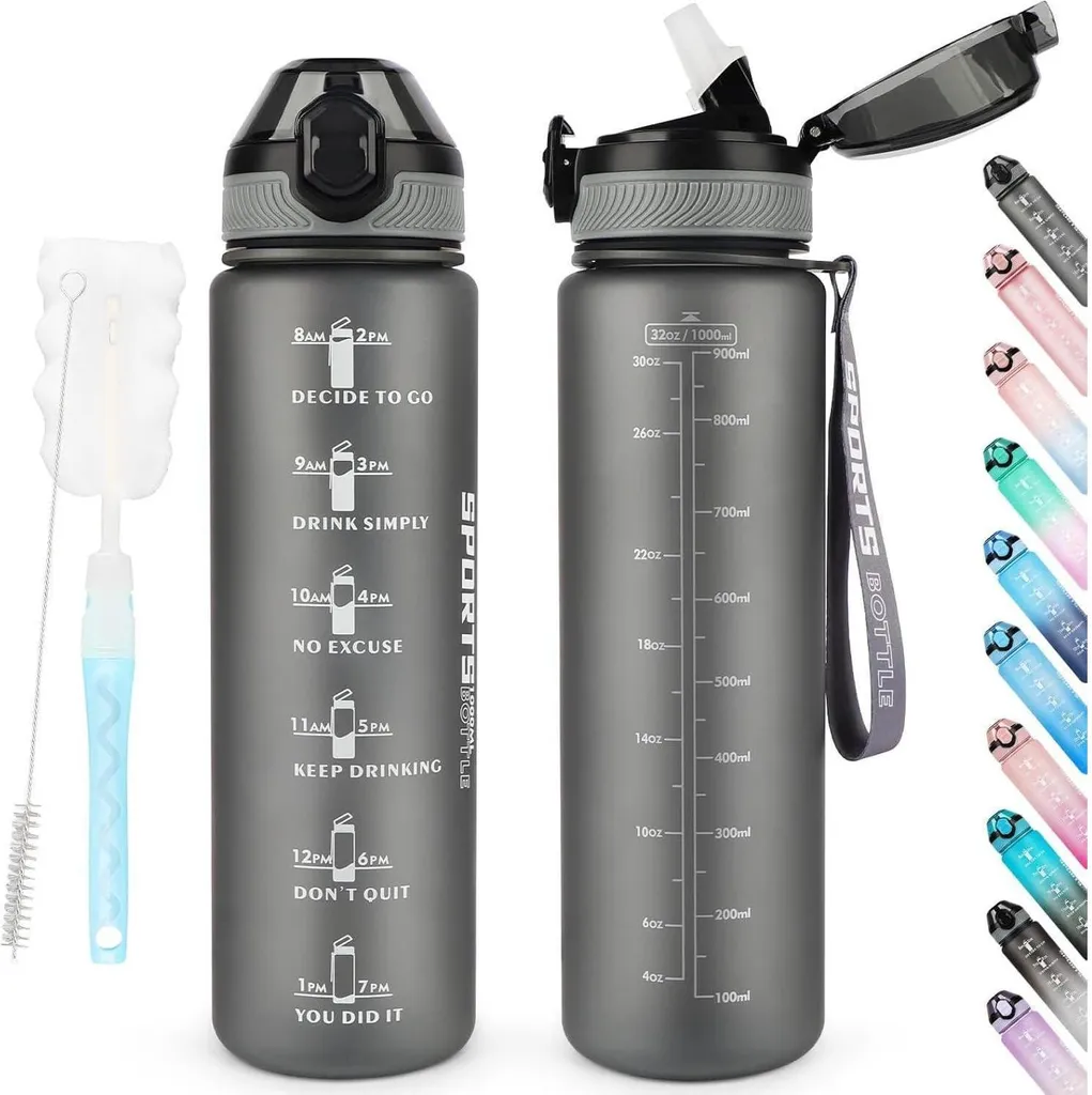 Offerta Borraccia Sportiva 1L Grigio Opaco con Segnatempo - No BPA