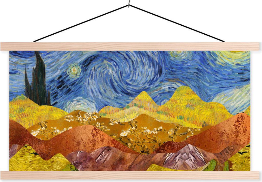 MuchoWow Textilposter Van Gogh - Kunst - Collage 60x30 cm mit holzfarbenen Rahmen - Dekoration