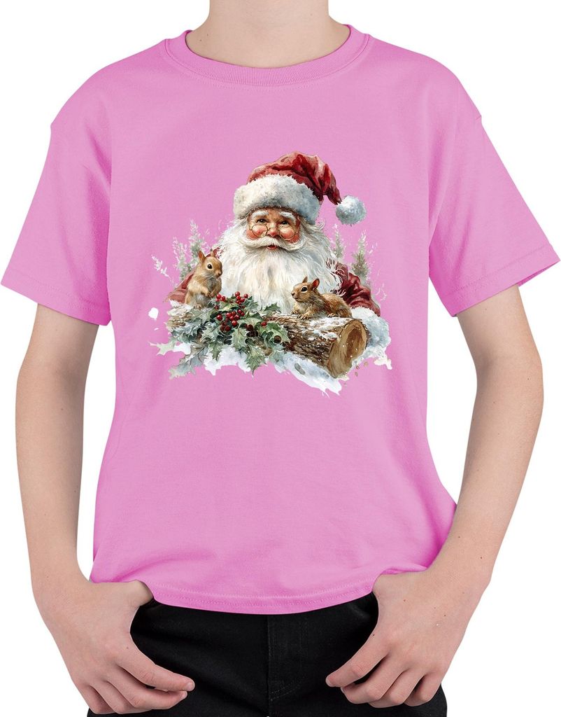 Weihnachtsmann Eichhörnchen Stechpalme Schnee Holzstamm Vintage Uni Kinder T-Shirt, Pink, 152