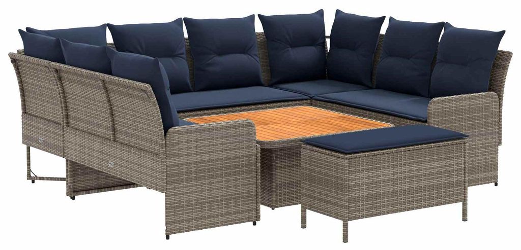 vidaXL Möbelsets mit Kissen 7 pcs Grau und Marineblau PE-Rattan