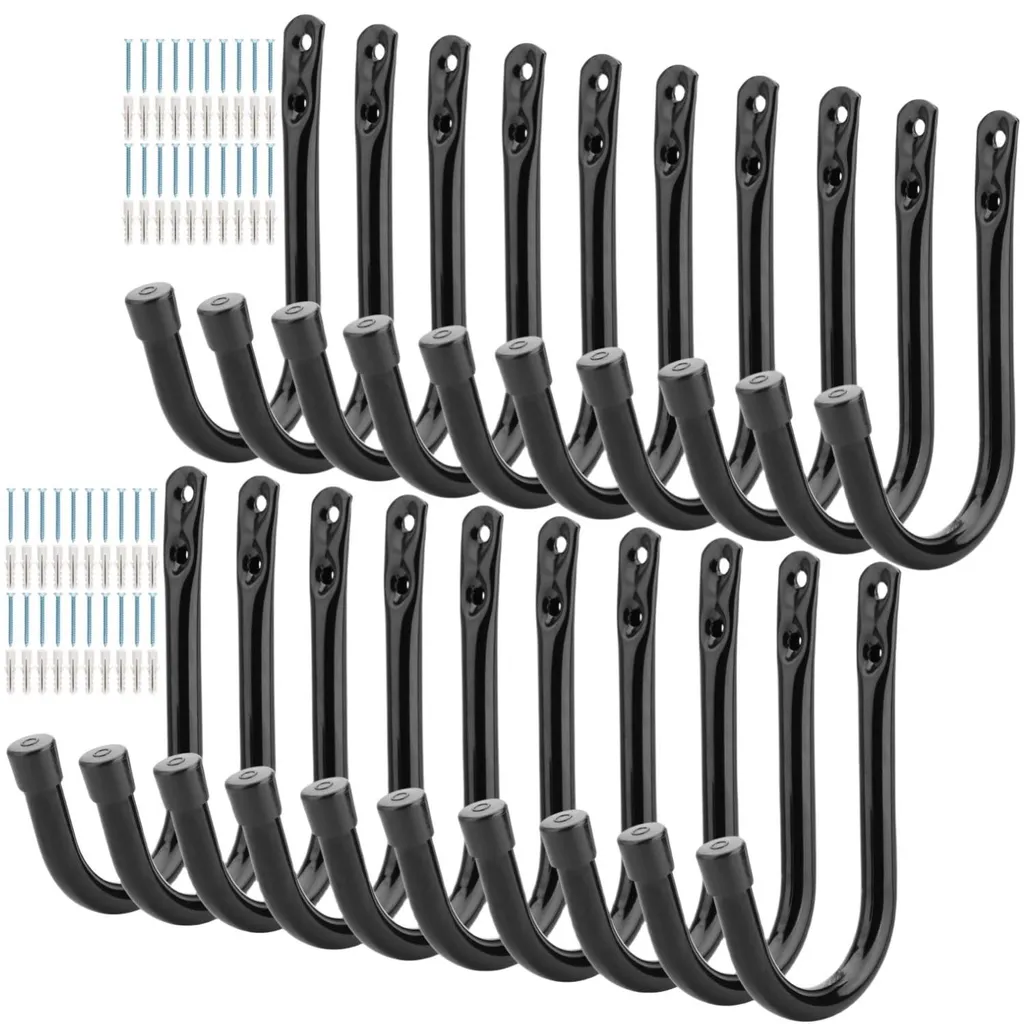 Supports Muraux Garage en J - Pack de 20 Crochets en Acier Noir Mat