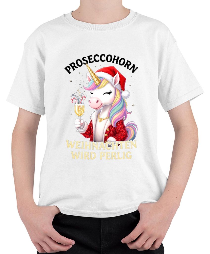 Proseccohorn Einhorn Weihnachten wird perlig Prosecco Geschenk Uni Kinder T-Shirt, Weiß, 128