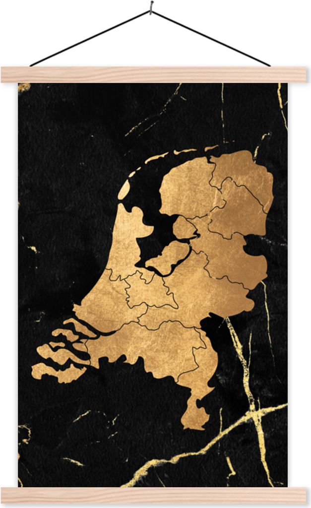 MuchoWow Textilposter Karte von Europa - Niederlande - Gold 120x180 cm mit holzfarbenen Rahmen - Textil-Plakat