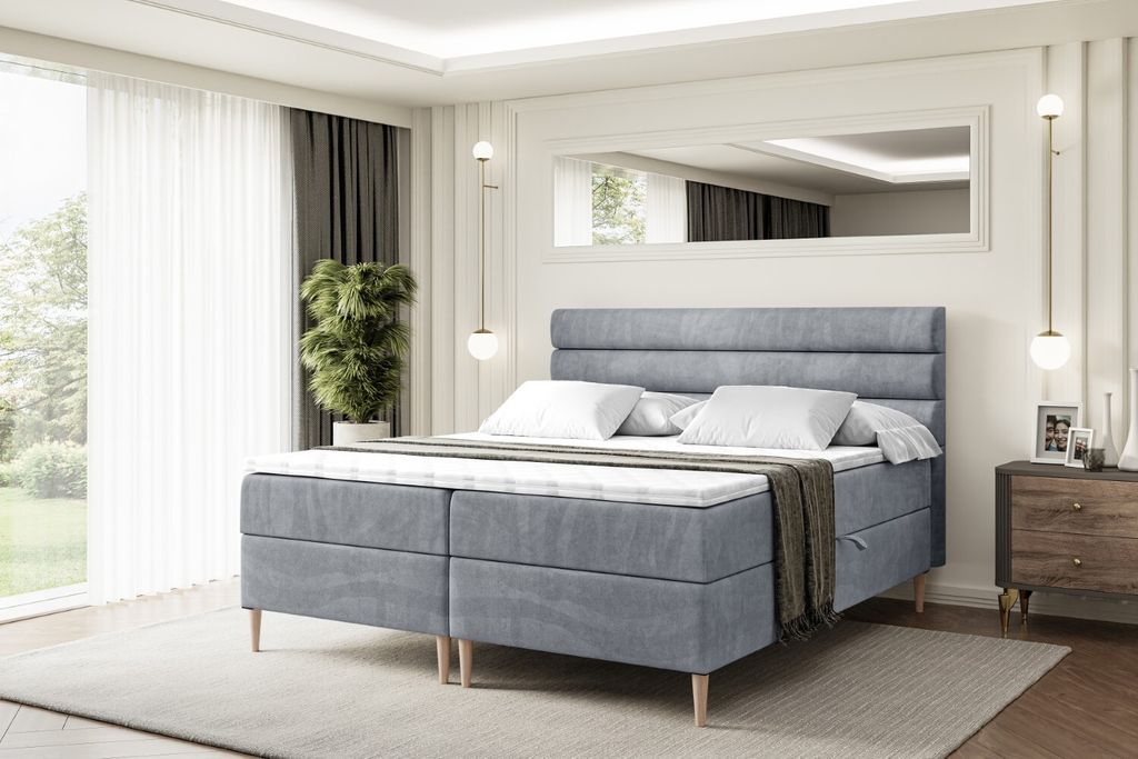 ALTDECOR Boxspringbett mit Holz Füßen, Matratze und Lattenrost, Boxbett, Topper, Polsterbett mit Bettkasten, Bett mit Stauraum H4-Matratze, Doppe...