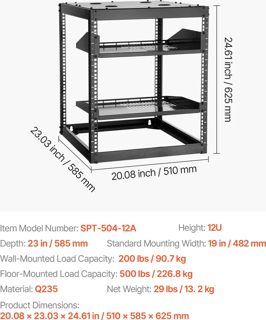 VEVOR Rack 12U Open Frame 585mm - Gestione IT e AV Professionale - 7