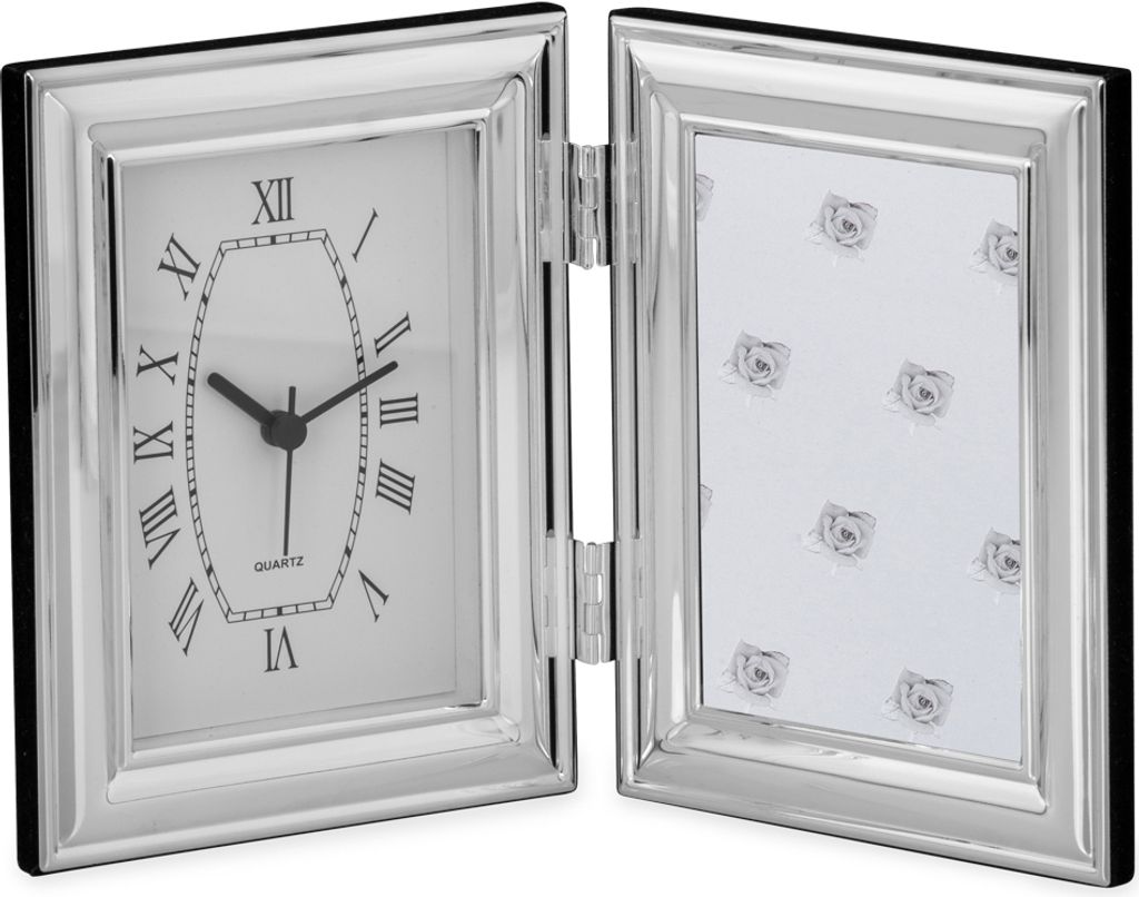 Foto-Rahmen mit Uhr breit, glatt, 9 x 13 cm, versilbert, Aussen-D je 12,7 x 16,5cm, Innen-D je 8,3