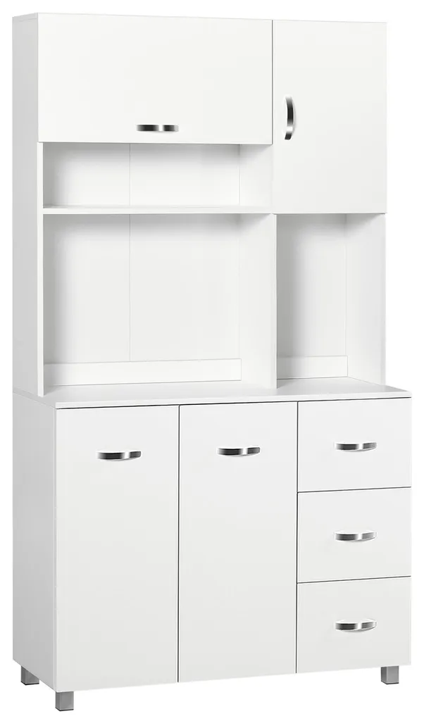 Buffet de cuisine haut blanc avec étagères et rangement micro-ondes