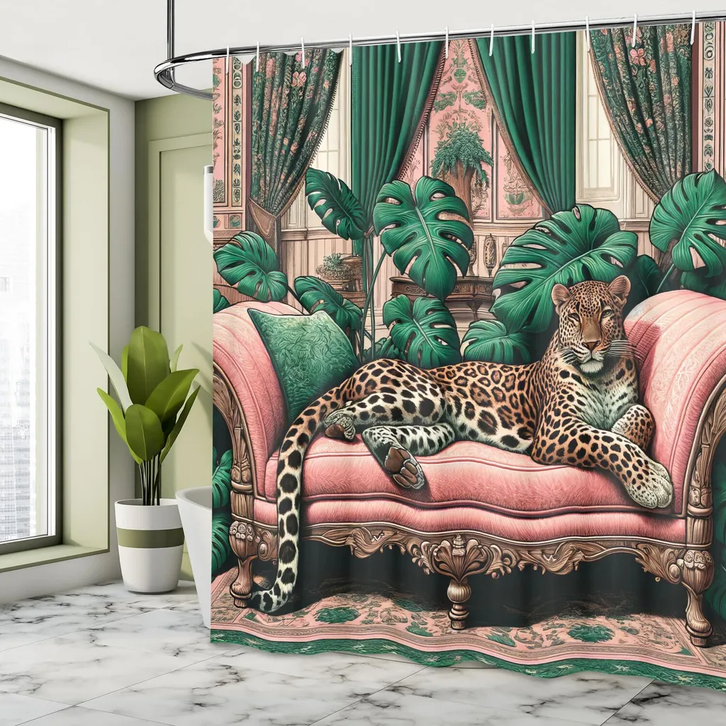 Tenda Doccia Leopard Boho ABAKUHAUS 175x200cm Rosa e Verde Giada - 3