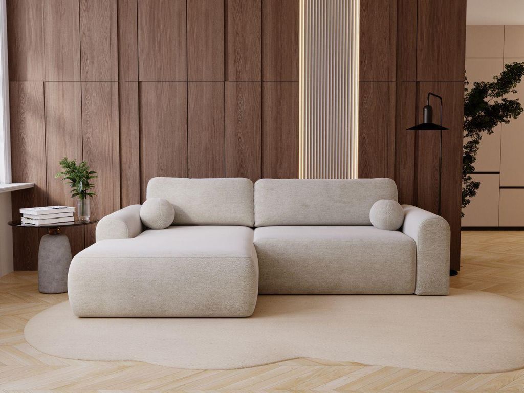 GrainGold Ecksofa L-Form Links Savana - Ecksofa mit Schlaffunktion und Bettkasten - Moderne Ecksofa, Wohnzimmer Ecksofa - Eckcouch Creme (Vena 9)