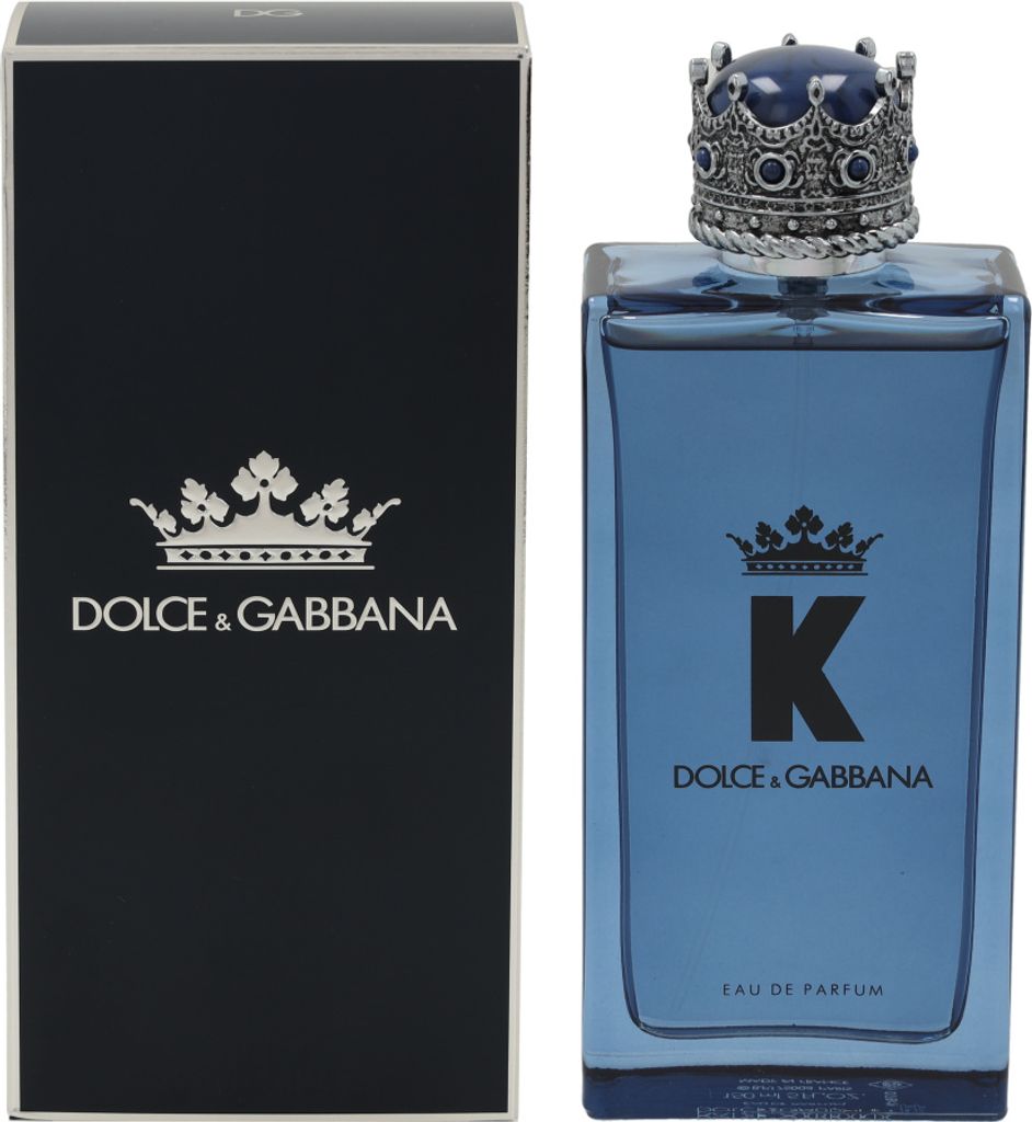 A bottle of Dolce & Gabbana K Eau de Parfum and its packaging are displayed side-by-side against a white background.