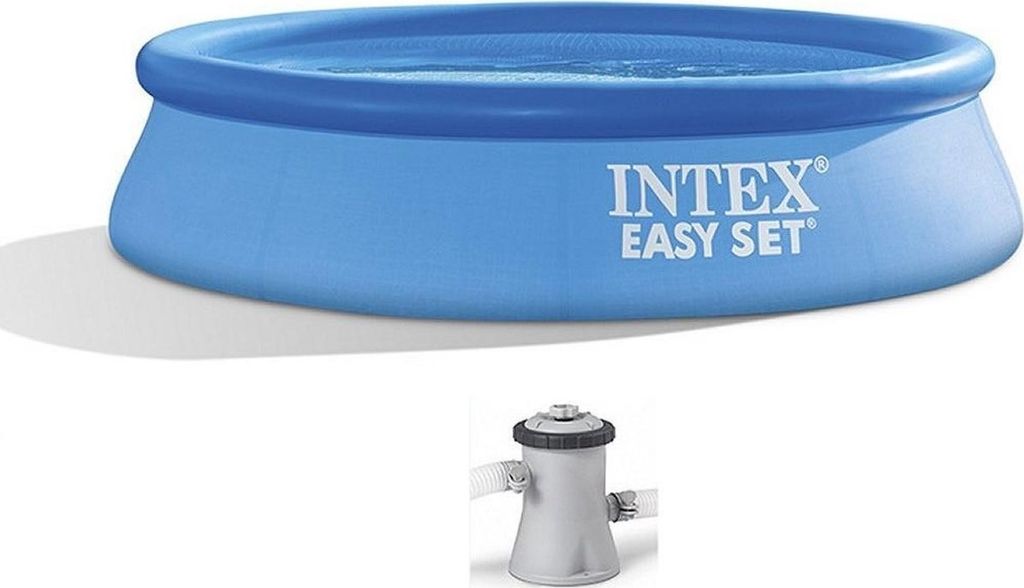 An inflatable pool and a filter pump are shown against a white background.