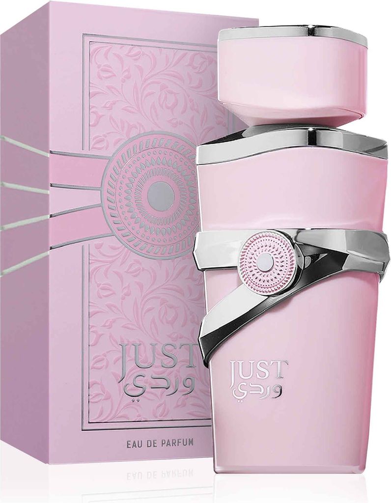 A pink perfume bottle and its matching box are displayed against a white background.