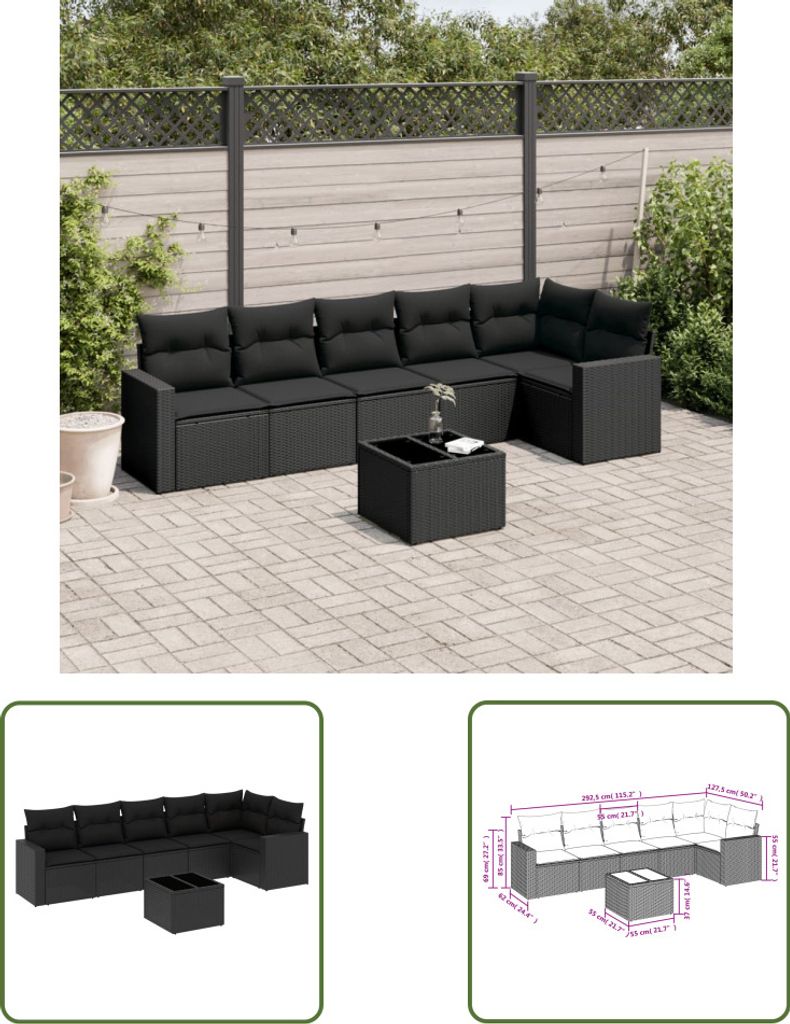 The Living Store 7-tlg. Garten-Sofagarnitur mit Kissen Schwarz Poly Rattan