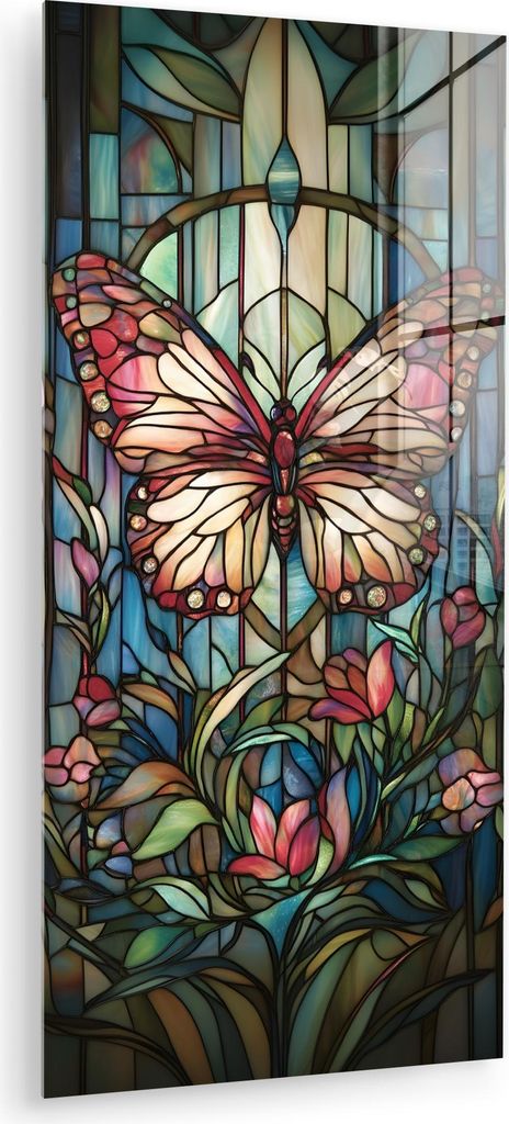 MuchoWow Glasbilder - Bilder auf Wandbild - Foto auf Glas Schmetterling - Rosa - Blumen - Blätter 60x120 cm Wanddekoration aus Glas - Acrylglasbil...