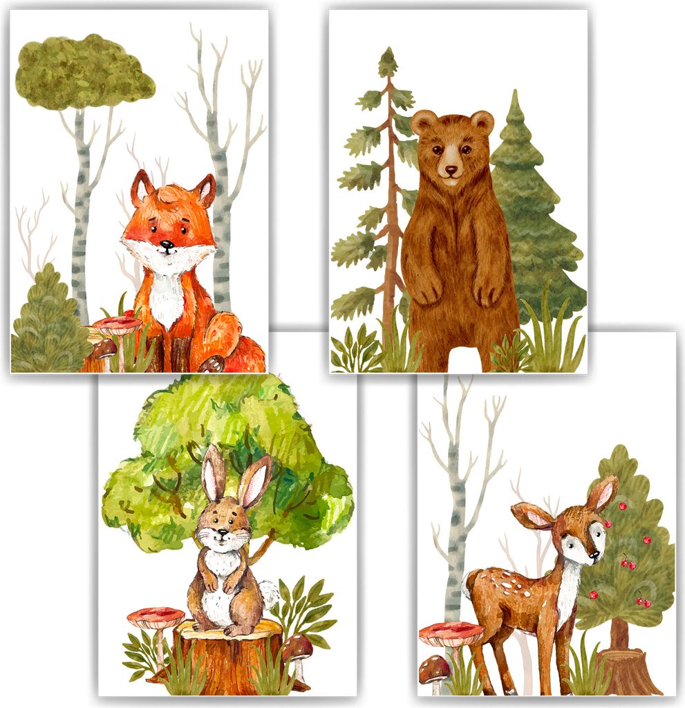 Niedliche Waldtiere Bilder 4er Set DIN A4 Kinderzimmer Wandbilder Babyzimmer Poster Dekoration - Reh Fuchs Bär Hase