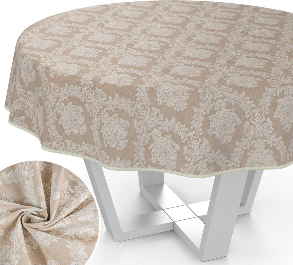 Tischdecke Barock aus Textil einfarbig Damast wasserabweisend Tischtuch Tischwäsche Aquarell Beige Rund 170cm mit Paspelband