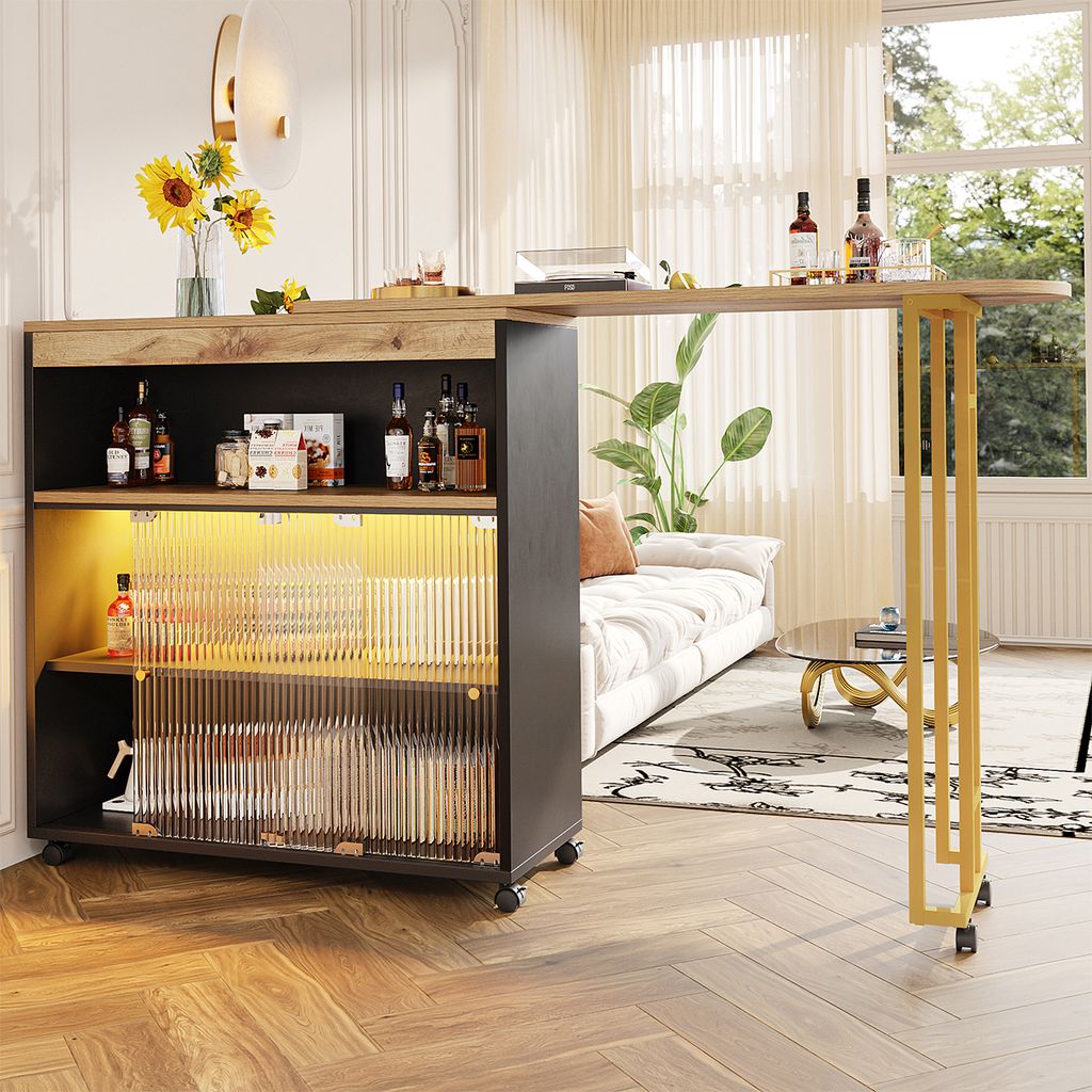 Bartisch mit LED Stauraum Ausziehbarer Beweglicher Bistrotisch Ablagen Stehtisch Kücheninsel Hochtisch klein Küchentisch Schwarz(138-204×39×105cm)