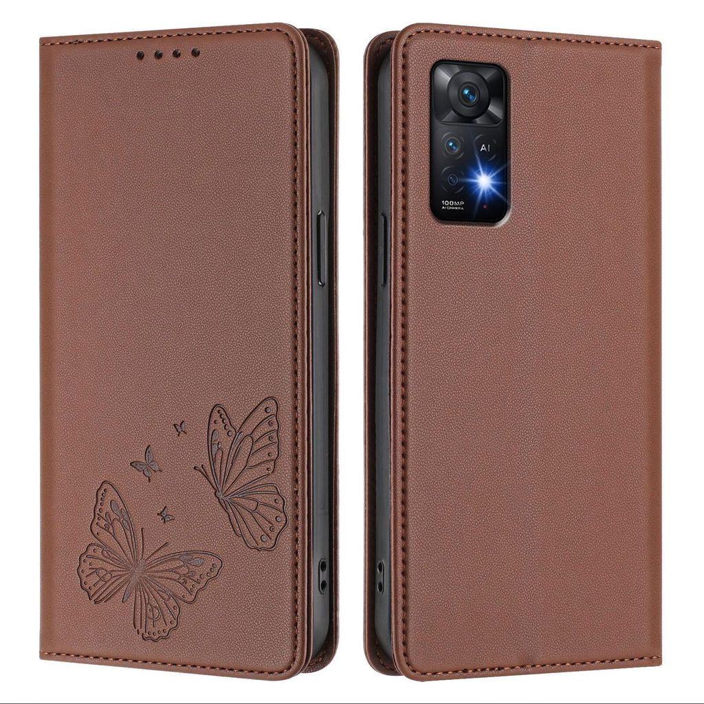 Lederhülle für Xiaomi Redmi Note 11 Pro 5G/4G/Note 12 Pro 4G, Schmetterling Prägung Leder Brieftasche Schutzhülle mit Ständer Braun