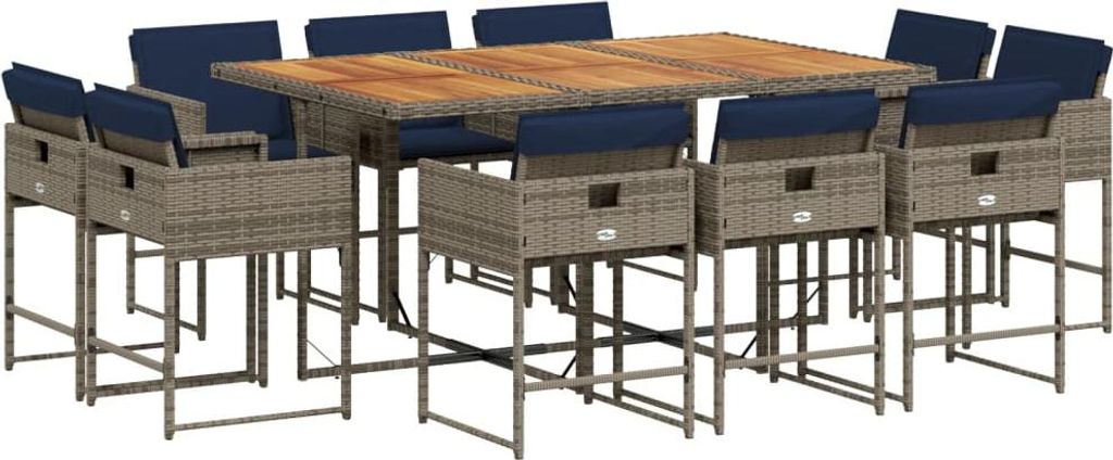 11-teiliges Garten-Ess-Set mit Kissen, grau, Polyrattan