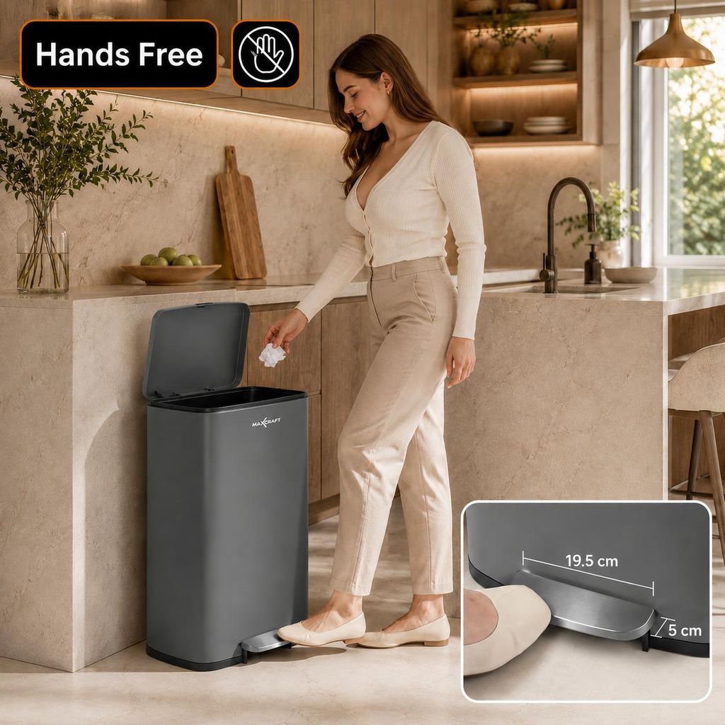 MAXCRAFT Treteimer 50 Liter Grau mit Soft Close Deckel