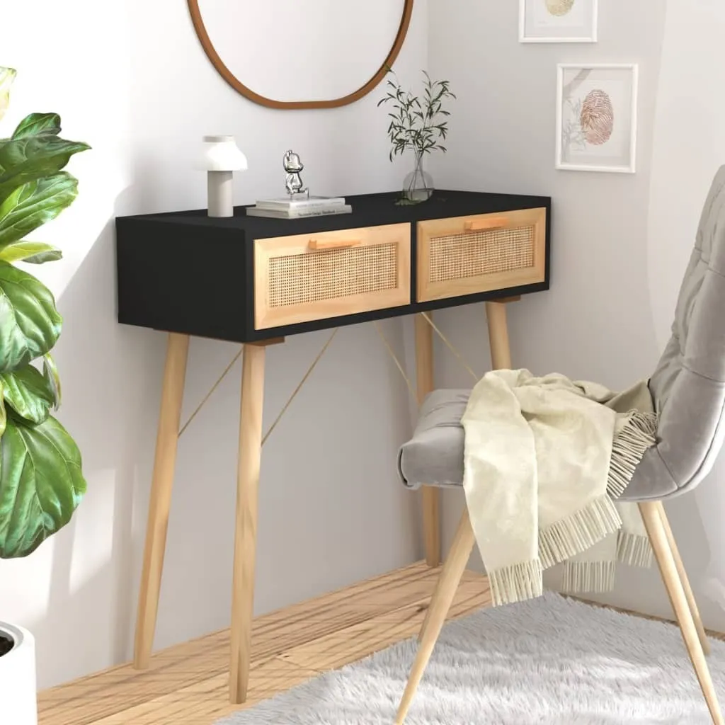 Mobile Ingresso Stretto 80cm Tavolo Consolle Nero Pino e Rattan