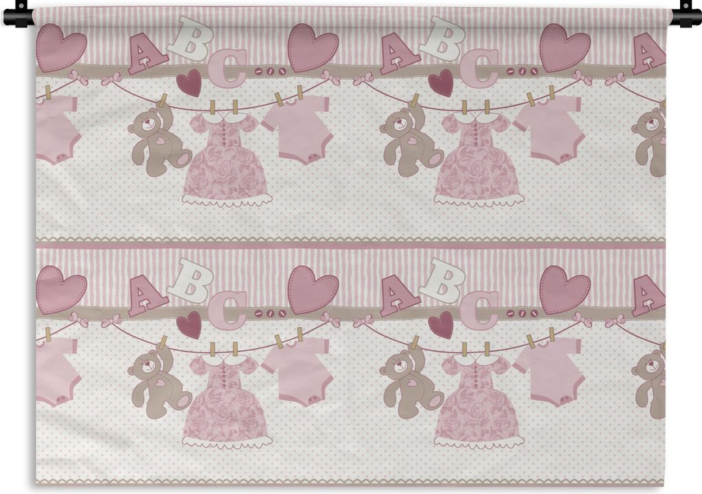 MuchoWow Wandteppich Wandbehang Babykleidung - Mädchen - Teddybär - Wäscheleine - Design 150x112.50 cm Tapisserie Dekoration Wandtuch - Wandde...
