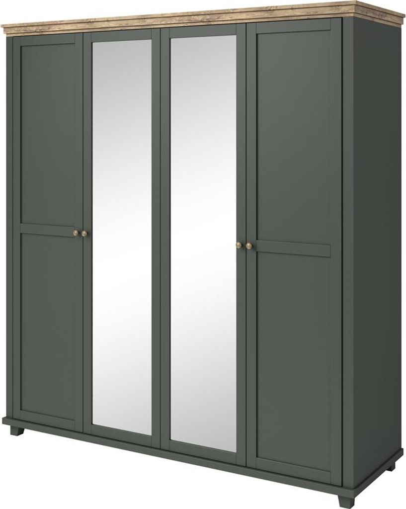 Kleiderschrank Landhausstil 200 cm breit EPSOM-83 mit 2 Spiegeln, 4 türig, in grün mit Lefkas Eiche Nb., B/H/T: ca. 200/216/62 cm