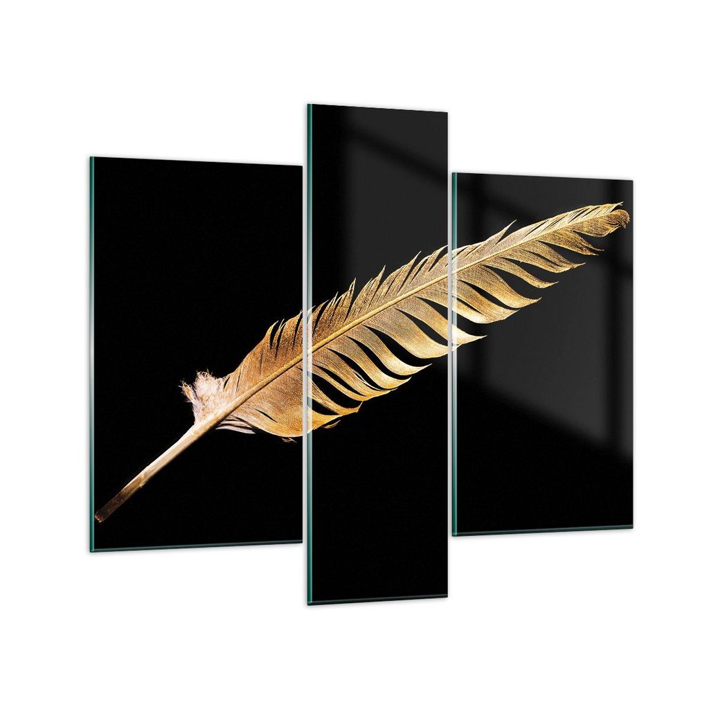 Bilder auf glas - 3 Teile - Golden Feder Schwarz - 95x80cm - Glasbilder - Wandbilder - Bilder - zum Aufhängen bereit - Wanddekoration aus Glas - G...