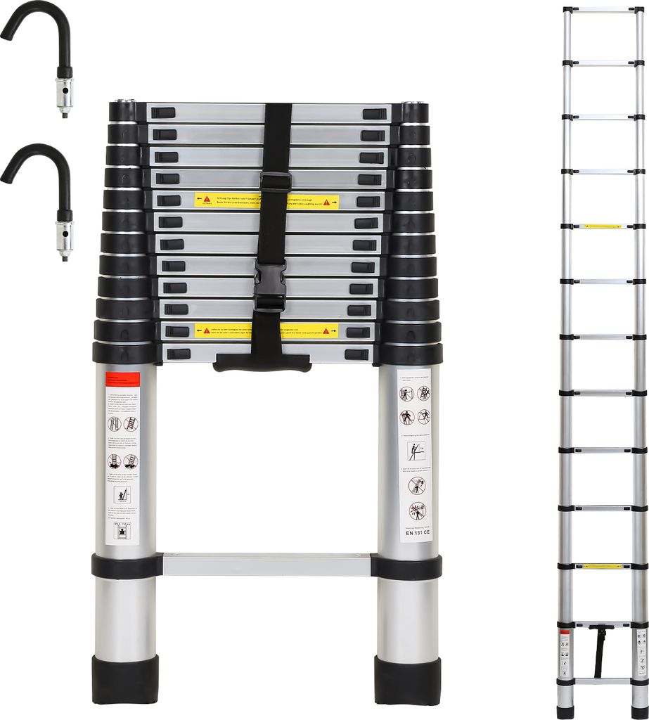 TolleTour Teleskopleiter Silber 3.8m Mit Haken Ausziehleiter bis 150kg Stabil Aluminium Anlegeleiter Multifunktionsleiter Stehleiter