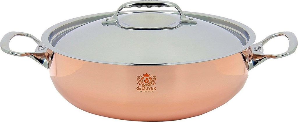A copper pot with a silver lid and handles, shown from a front-facing angle on a white background.