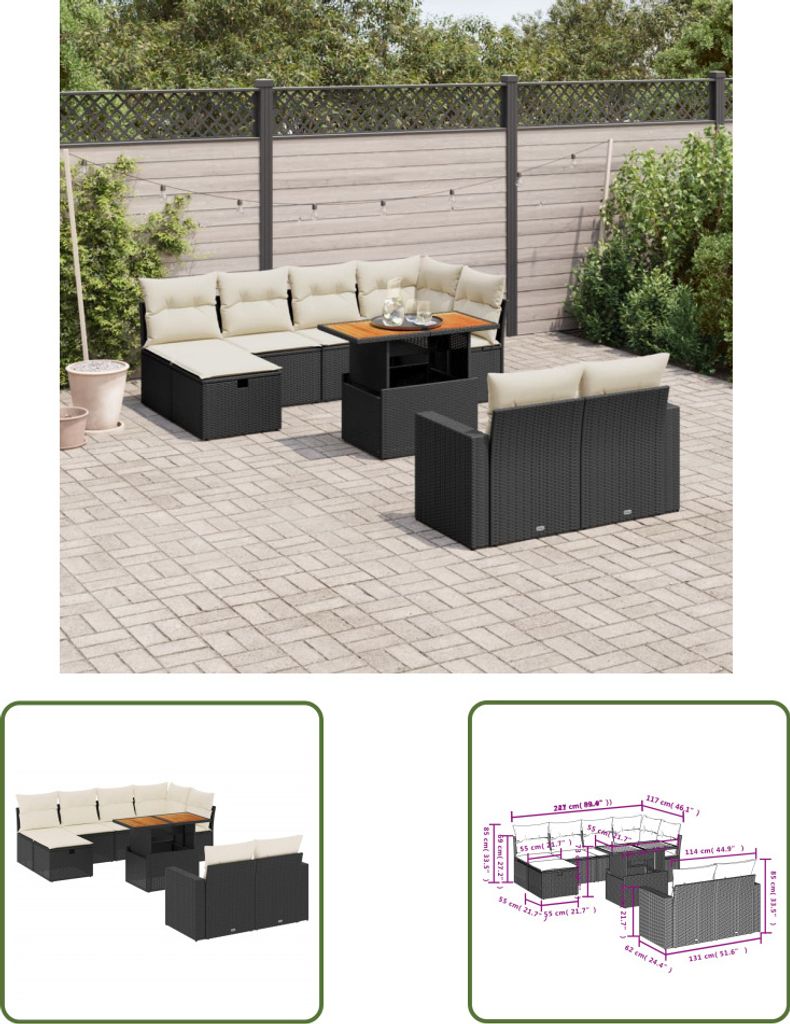 The Living Store 11-tlg. Garten-Sofagarnitur mit Kissen Schwarz Poly Rattan