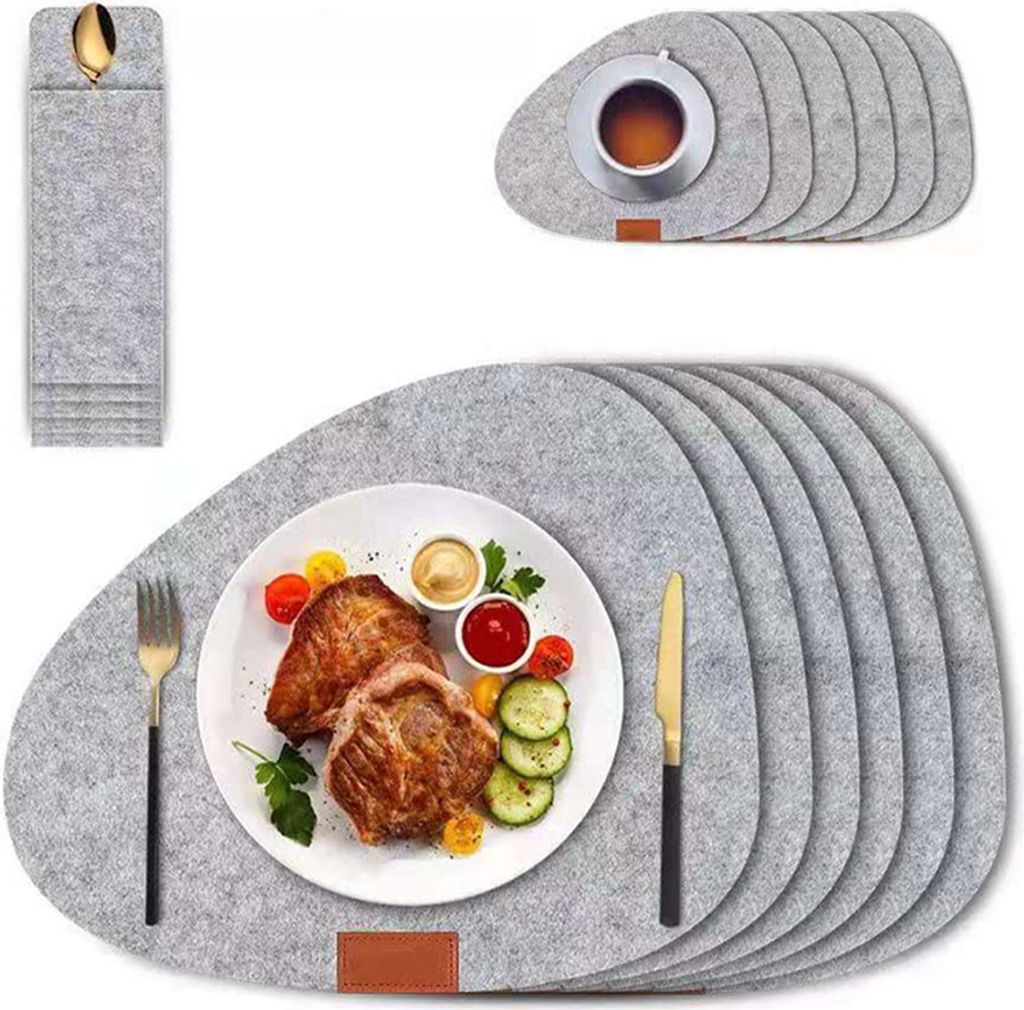 Tischsets Abwaschbar, Platzsets aus Filz, 6er Set, Platzsets Abwischbar, Rund, Hitzebeständig, Rutschfeste Platzsets mit Untersetzer, Bestecktasch...