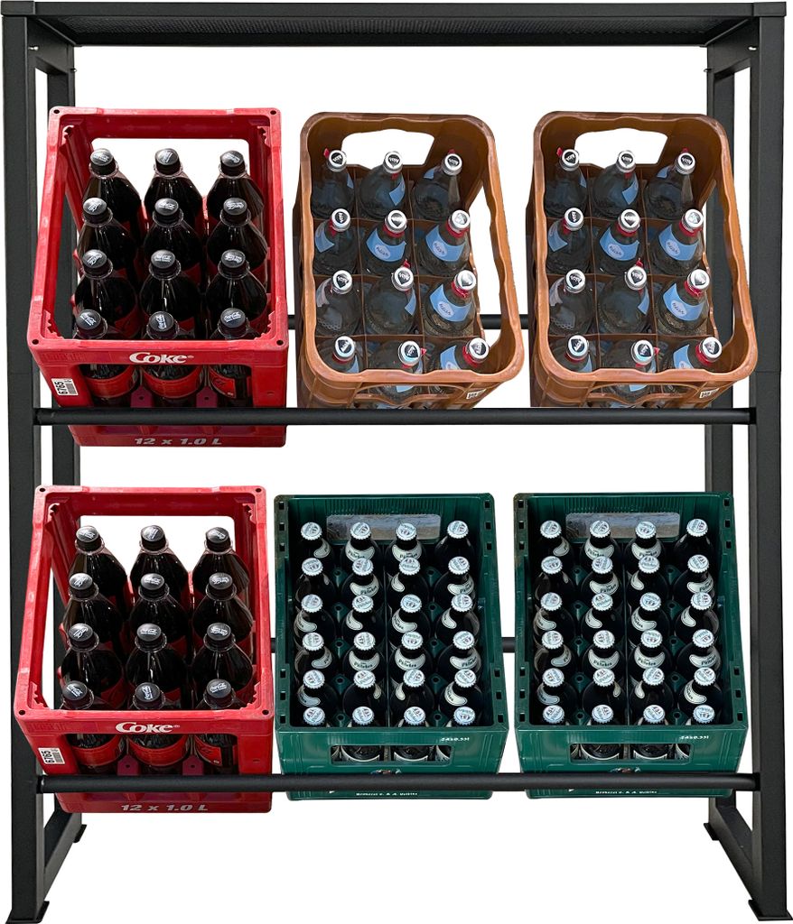 A multi-tiered metal shelving unit holding several crates of bottled beverages.